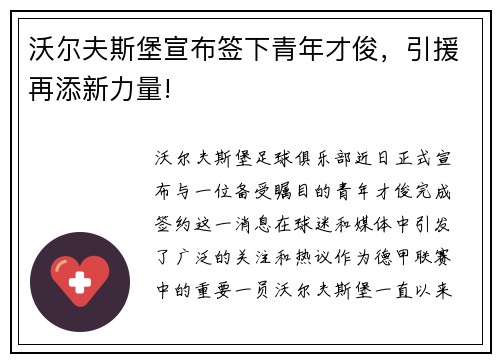 沃尔夫斯堡宣布签下青年才俊，引援再添新力量!